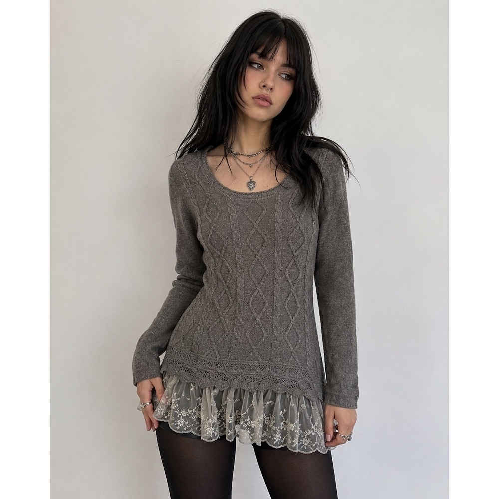 JOHN FASHION Cable Knit Lace Trim Sweater Women S Grey Cottagecore Coquette